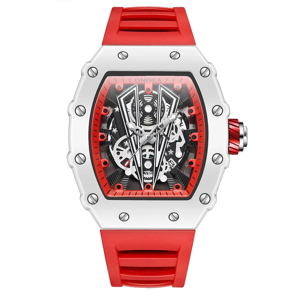 Gift Box Watches for Man ONOLA 3826W Trend White Men Watch Tonneau Calendar Waterproof Silicone Strap Relogios Masculino