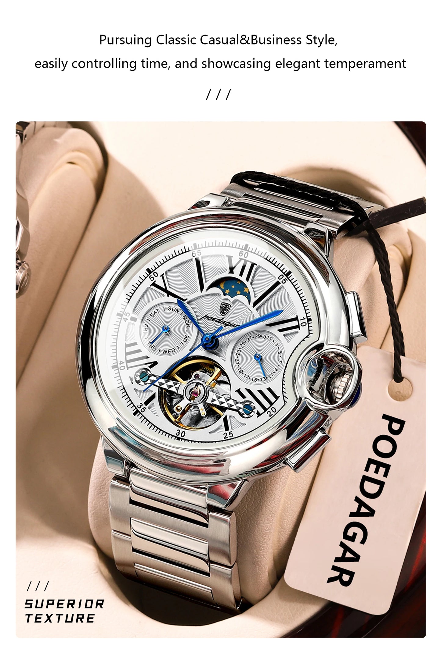 POEDAGAR Luxury Male Watch Tourbillon Date Week Stainless Steel Men Watch Waterproof Automatic Mechanical Military Men's Watches