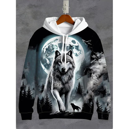 Men'S 3D White Wolf Print Hoodie, Casual Long Sleeve Pullover with Drawstring Pocket, 100% Polyester Slight Stretch Men Clothing