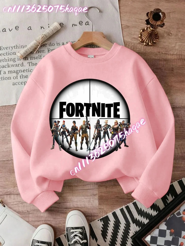 Sweat-shirts Fortnite novos para criança, hoodie com estampado de personagens de jogo em estilo cartoon, tops casuais de outono para criança, roupa de inverno para bebé menino