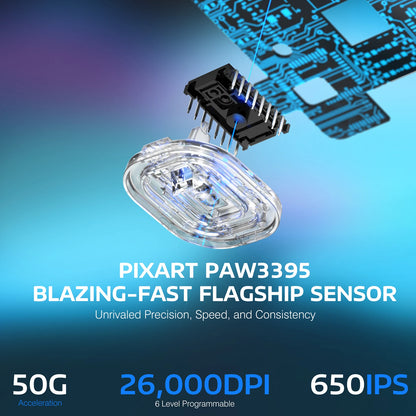 Rato Gaming Sem Fios ATTACK SHARK X3, Sensor PixArt PAW3395, 26K DPI, Ultraligeiro 49g, Tri-modo 2.4G/Bluetooth/Com Fio, para PC/MAC