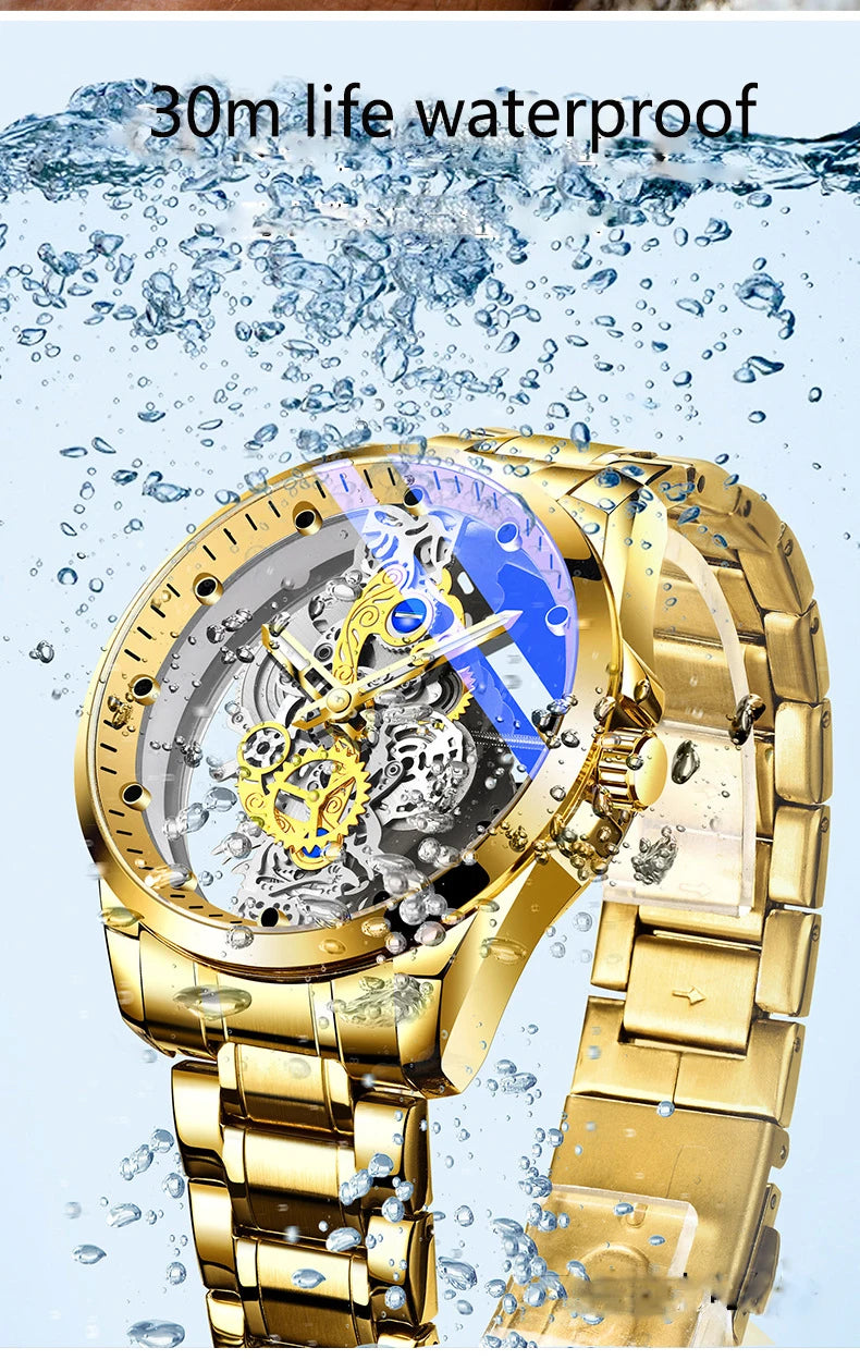 Hot Sale Fashion Transparent Watch Men Imitation Mechanical Watches Luminous Dial Stainless Steel Band Quartz Wristwatches Men