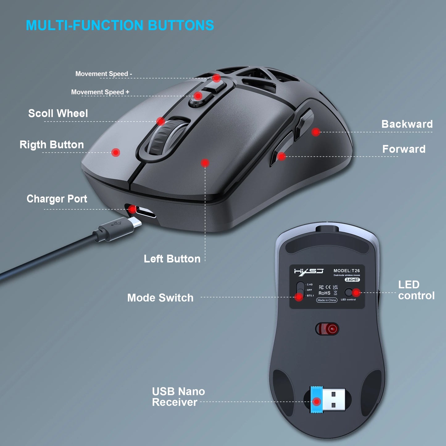 HXSJ T26 Dual Mode Wireless Gaming Mouse, Bluetooth 5.1 & 2.4G Rechargeable Gaming Mouse, 4800 DPI Ergonomic Optical Mouse for Laptop & PC