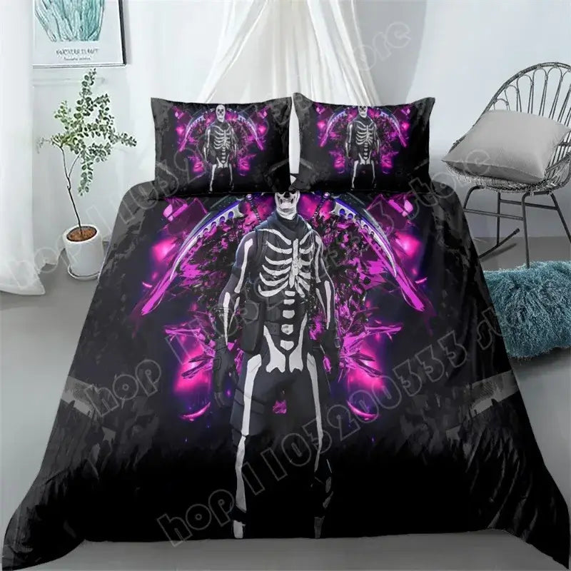 Set de lenjerie de pat Fortnite, 3 piese, imprimare 3D, lenjerii pentru dormitor, joc, desen animat, lenjerie decorativă, husă de pilotă, față de pernă, cadou de ziua de naștere