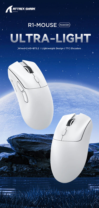 Attack Shark R1/X11 Tri-Mode Wireless Gaming Mouse, 18,000 DPI PAW3311 Bluetooth, 2.4GHz & Wired Lightweight Programmable Gaming Mouse for PC & Laptop