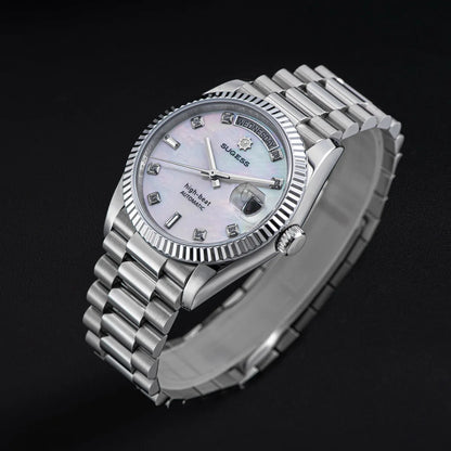 Sugess 36mm Mens of Watch Automatic Dandong Peacock SL3034 Day Movement Sapphire Glass 100m Waterproof Wristwatches MOP Date New