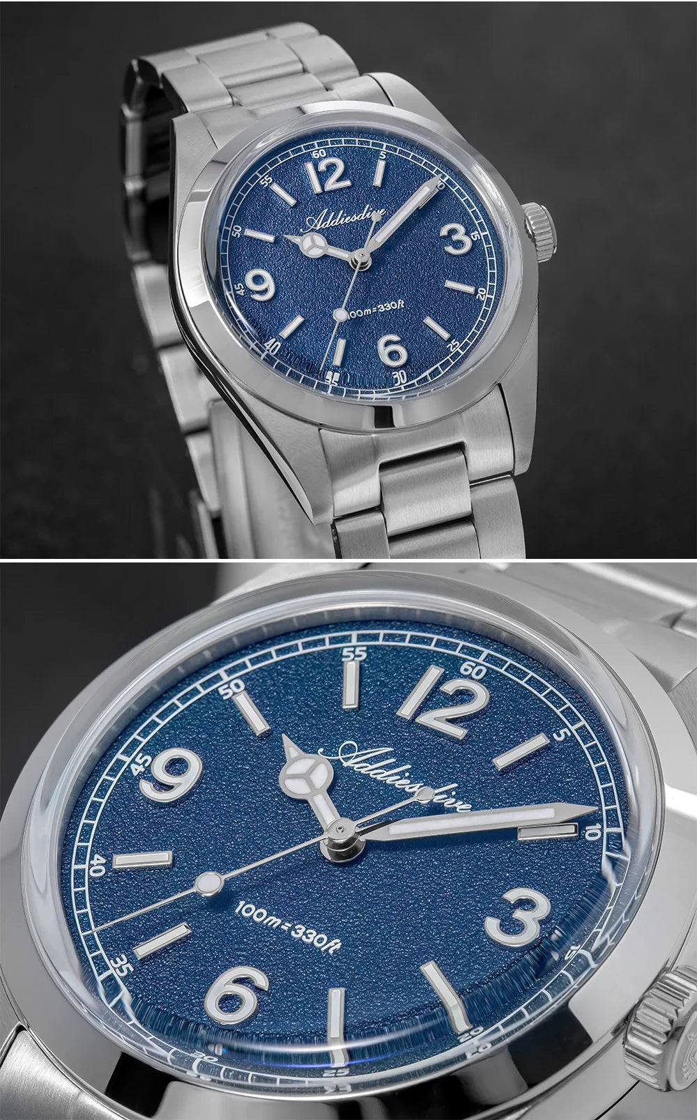 Relógio para homem ADDIESDIVE 36mm em destaque AD2518 com vidro espelhado convexo, aço inoxidável 316L, Reloj Hombre, 100m à prova de água, quartzo