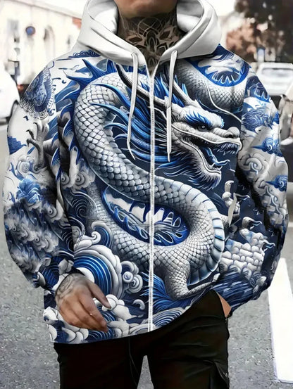 Mens Dragon Print Zipper Hoodie Outdoor Activities Travel Drawstring Long Sleeve Hoodies Autumn Winter Oversize Man Sweatshirts