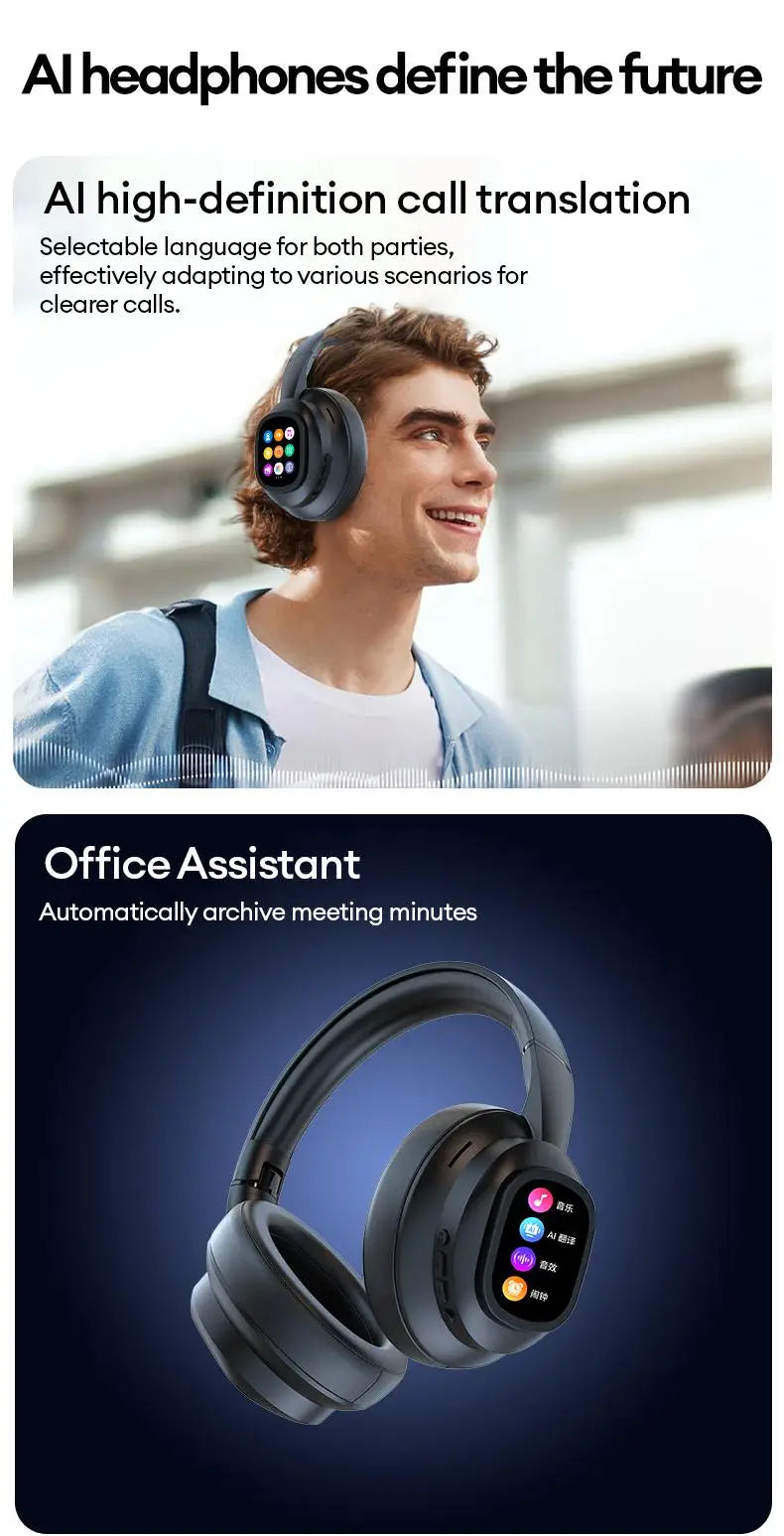 Auscultadores Bluetooth sem fios com ecrã tátil LCD AI – Headset gaming com cancelamento de ruído ANC, graves profundos e microfone HD