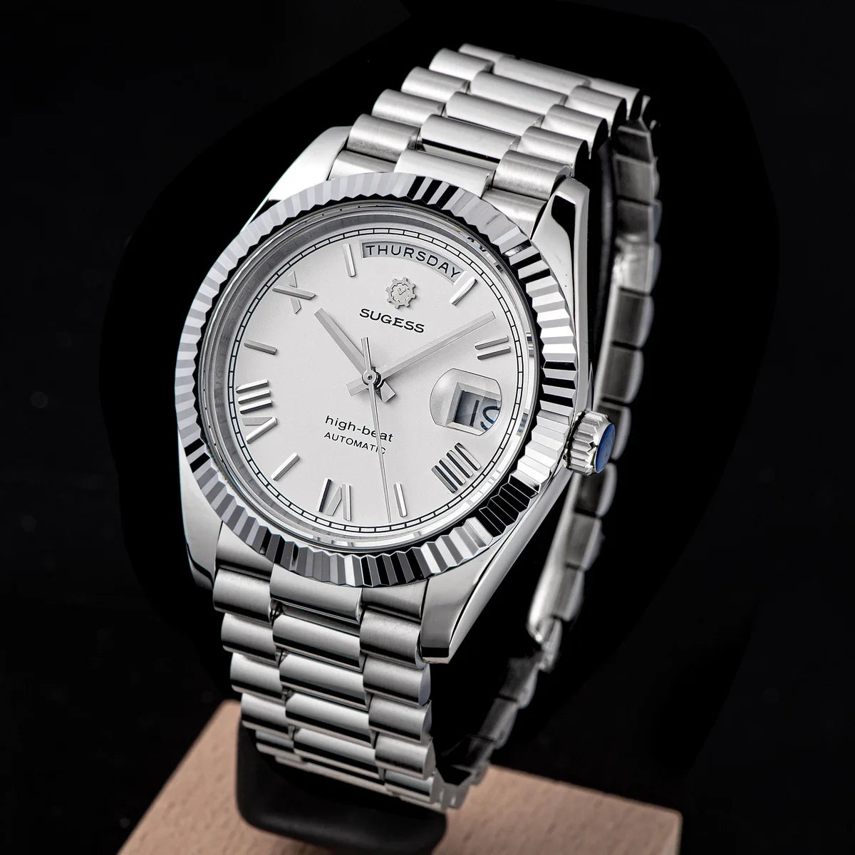 Sugess Watch Mens 40mm Date Day Automatic Dandong Peacock SL3034 Movement Retro Mechanical Wristwatch Sapphire Glass Golden New