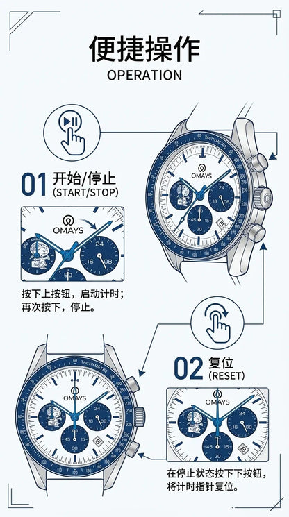 OMAYS Men's Luxury Sport Watch, 50th Anniversary Edition, Blue Nylon Band, Chronograph Quartz Wristwatch