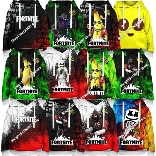 Roupa Infantil de Aniversário Presentes Giros Fortnite Sweatshirts com Capuz Battle Royale para Meninos e Meninas Camisola Anime para Crianças Tops de Inverno Pulôver