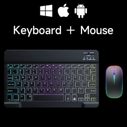 Mini Backlit RGB 10-inch Bluetooth Keyboard Wireless Mouse Rechargeable for Spanish Russian Hebrew Korean French Arabic Portuguese