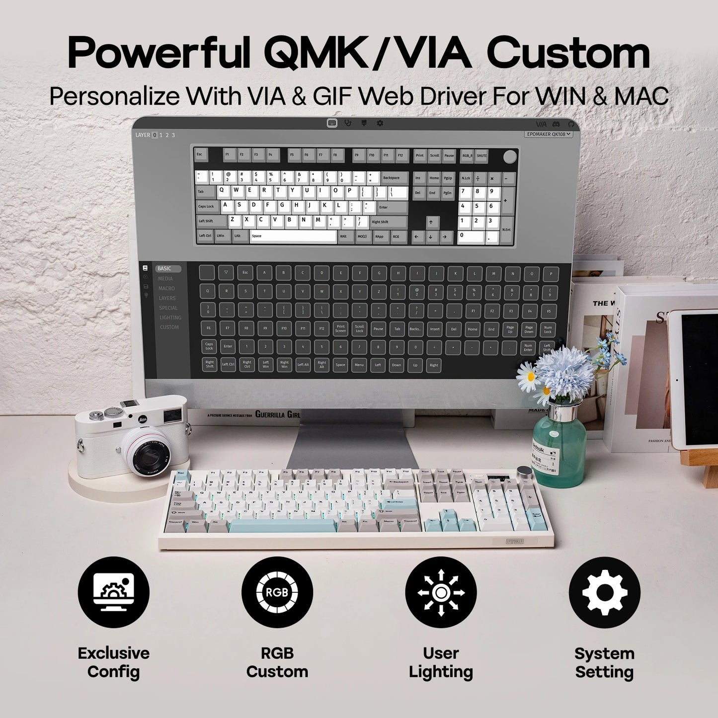 EPOMAKER QK108 QMK/VIA Full-Sized ANSI US Layout Wired/BT/2.4Ghz Wireless Mechanical Keyboard RGB Backlight with 8000mAh Battery