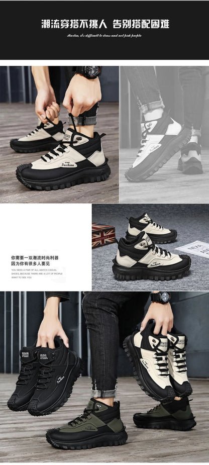 Men'S Black And White Mid Top Hiking Boots Waterproof Leather Platform Sneakers Non Slip Outdoor Casual Shoes With Rugged Sole
