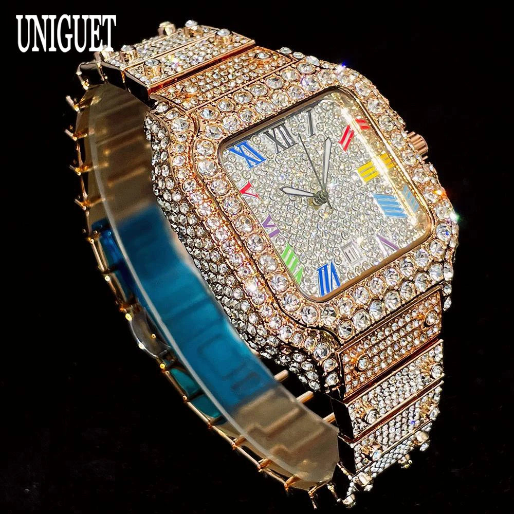 UNIGUET Big Diamond Watch Men Luxury Colored Roman Literal Watch Man Hip Hop Jewelry Bling Bling Square Wristwatch Dropshipping