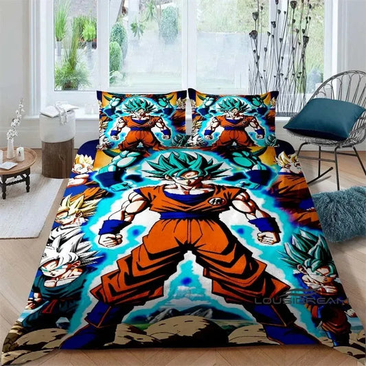 Cartoon-/anime-inspireret Dragon Ball-sengesæt med Son Goku-print: Dette bløde og komfortable sæt inkluderer et dynebetræk og pudebetræk