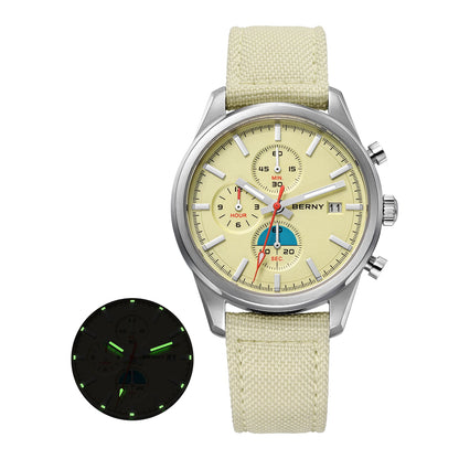 BERNY Chronograph Watch for Men/Women 37mm Dial Woven Fabric Sapphire AR Coated 5ATM Fashion Sport Calendar 316L Couple Watch