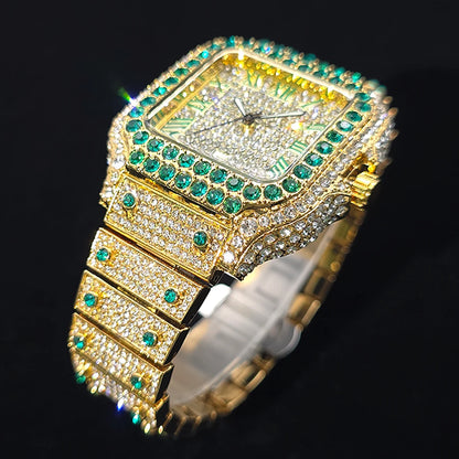 Gold Watch For Men Hip Hop Luxury Green Diamond Quartz Watches Fashion Iced Jewelry Clock Dropshipping