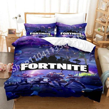Conjunto de Cama Battle Royale F-Fortnite 3 Peças para Crianças, Capa de Edredão, Colcha e Fronha, Tamanho Duplo, Decoração de Quarto Victory Game