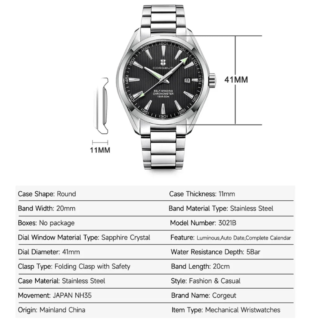 Relógio masculino Corgeut 41mm Luxury NH35 Movt Man Sport Clock automático, relógio de pulso mecânico, safira, bracelete em aço, para homem