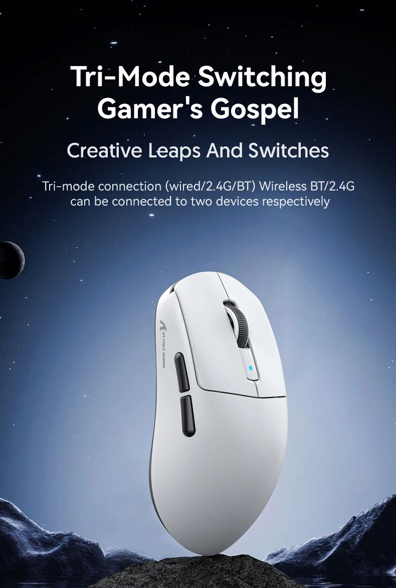 Rato Gaming Attack Shark R6 38g ultraleve, sem fios com taxa de retorno PAW3950 8K, Nordic 52840, 24000DPI, tri-modo