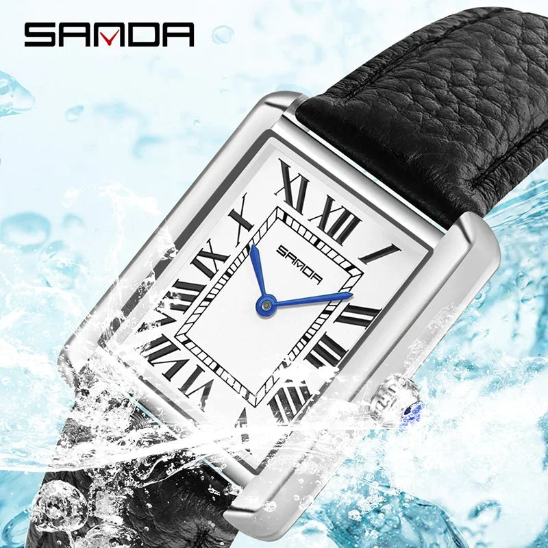 SANDA New Couple Tank Watches Wear Resistant Leather Strap Luxury Square Dial Waterproof Sports Casual Men Women Quartz Watches
