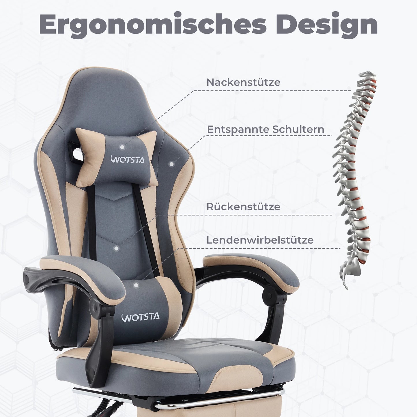 Cadeira Gaming WOTSTA com Apoio para Pés, Cadeira Gamer Ergonómica com Almofada Lombar, Apoio de Cabeça e Altura Ajustável para Computador