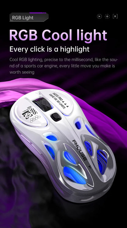 Rato Gaming Sem Fios 2.4G Trimodo RGB, Design Oco Leve com Iluminação Chroma, Com Fios/Bluetooth, Rato E-Sports Controlador