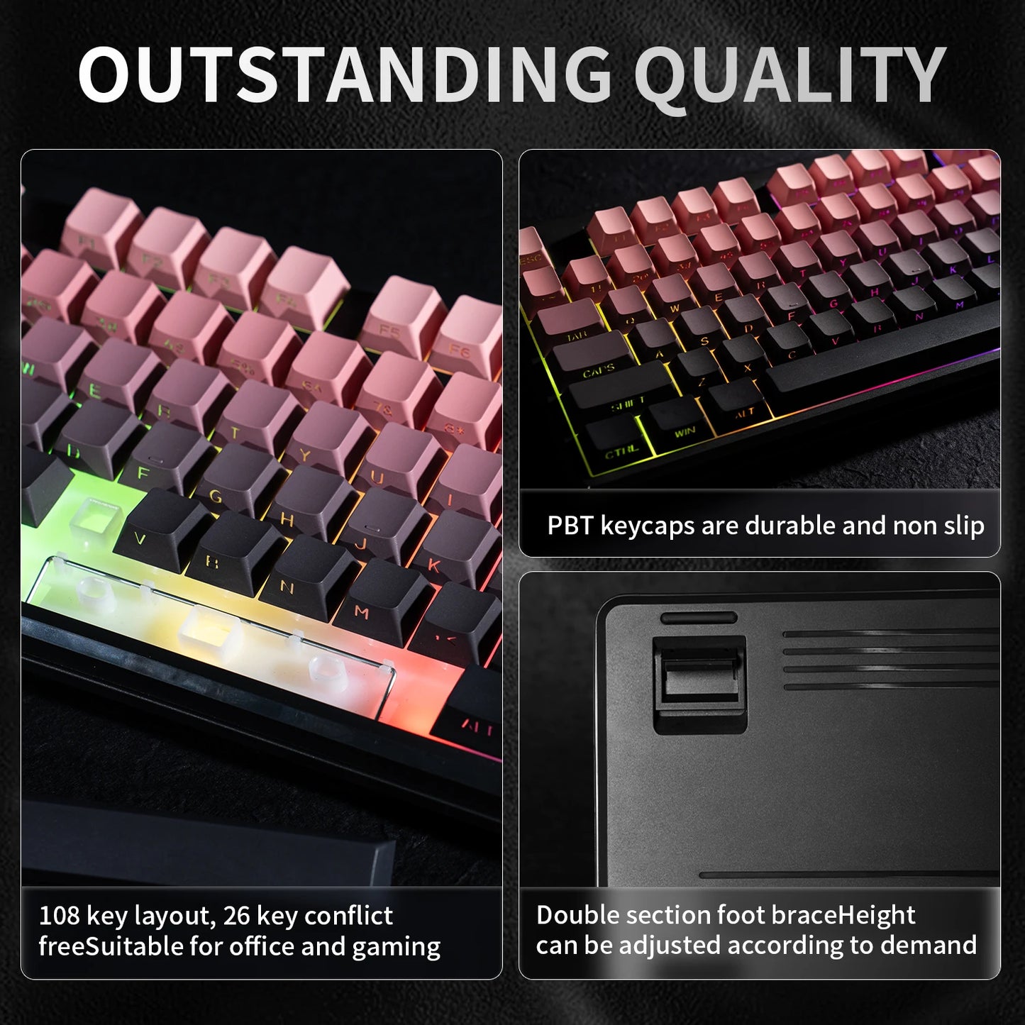 V108 Pro Bluetooth Keyboard Office Low Noise 2.4G Wired & Wireless Full Layout with RGB Backlit Membrane
