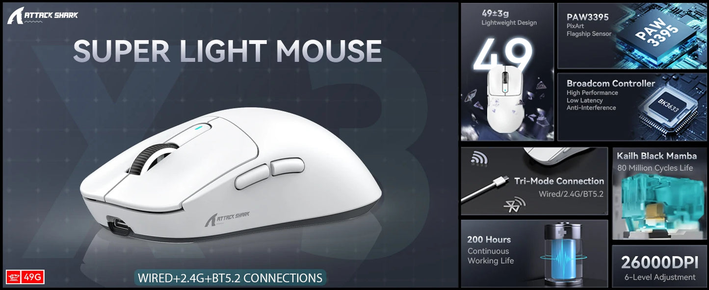 Attack Shark X3/X3 Pro Wireless Gaming Mouse, 26K DPI PixArt PAW3395, Tri-Mode Bluetooth 5.2/2.4G/Wired, 49g Ultralight Gaming Mouse for PC