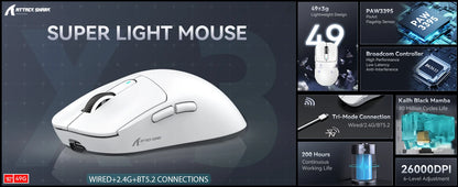 Attack Shark X3/X3 Pro Wireless Gaming Mouse, 26K DPI PixArt PAW3395, Tri-Mode Bluetooth 5.2/2.4G/Wired, 49g Ultralight Gaming Mouse for PC
