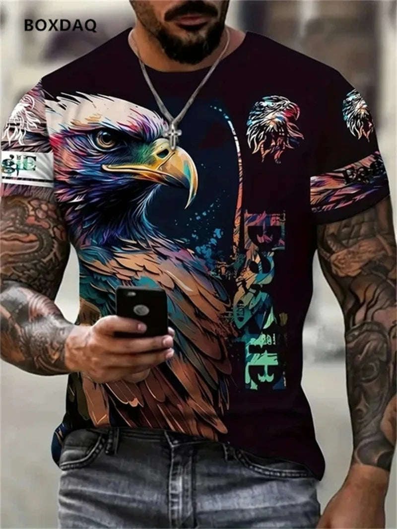 Fashion Eagle Men's T-Shirts Loose O-Neck Casual Tops Short Sleeve 3D Animal Printing Street T Shirt 6XL Big Size Breathable Tee