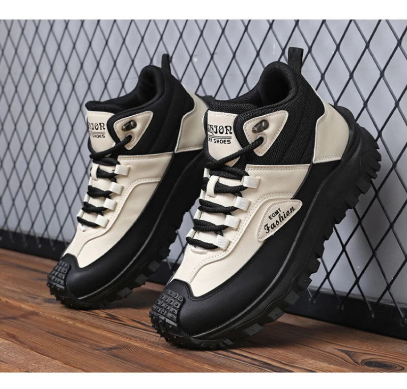 Men'S Black And White Mid Top Hiking Boots Waterproof Leather Platform Sneakers Non Slip Outdoor Casual Shoes With Rugged Sole