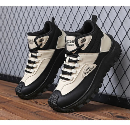 Men'S Black And White Mid Top Hiking Boots Waterproof Leather Platform Sneakers Non Slip Outdoor Casual Shoes With Rugged Sole
