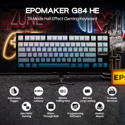 Teclado mecânico magnético EPOMAKER G84 HE 75% ANSI US Layout Gasket com fio/BT/2.4Ghz sem fios, efeito Hall, polling 8K e 8000mAh