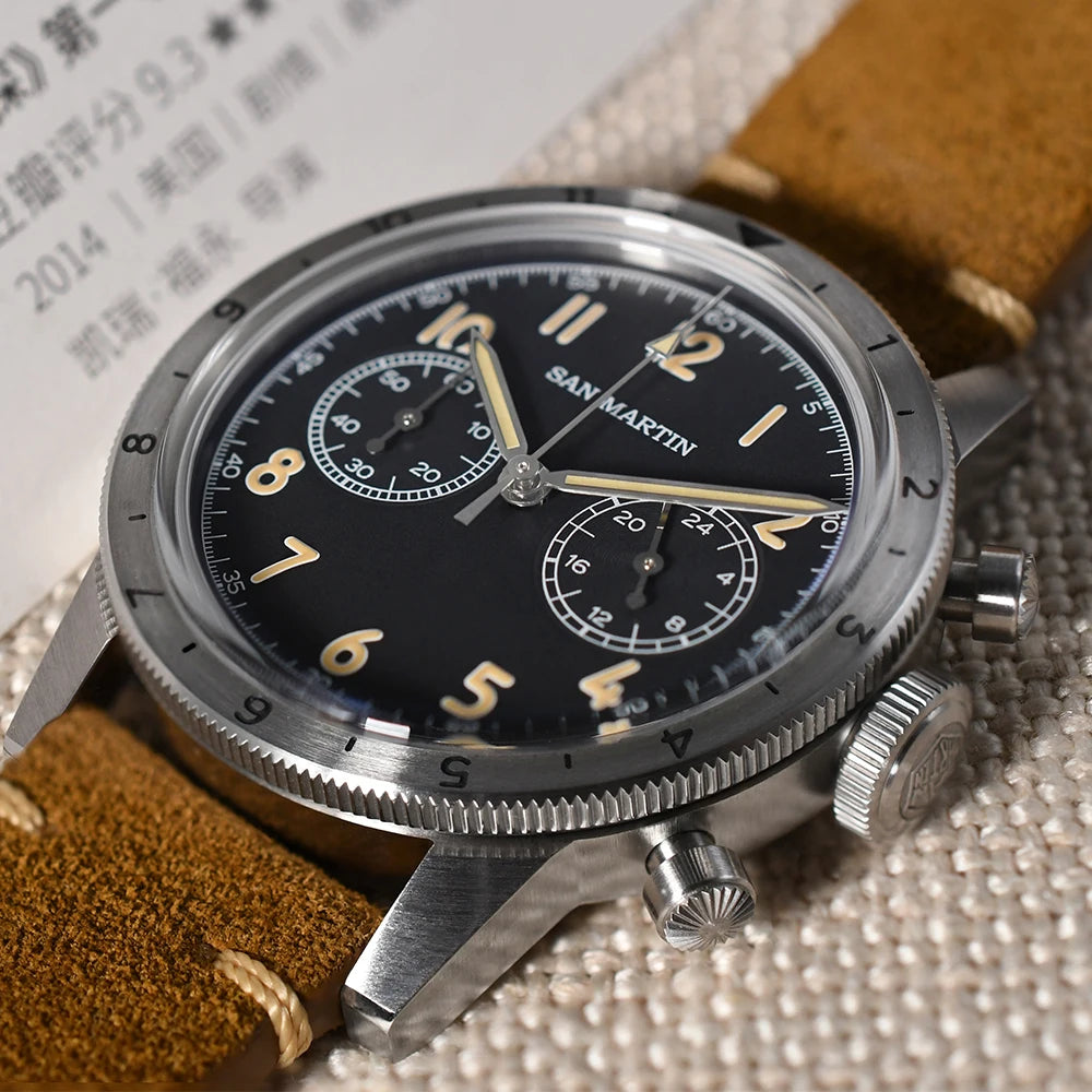 San Martin Vintage Men Quartz Watch Pilot VK64 Chronograph Watches Waterproof Luminous Quick Release Leather Strap SN0127