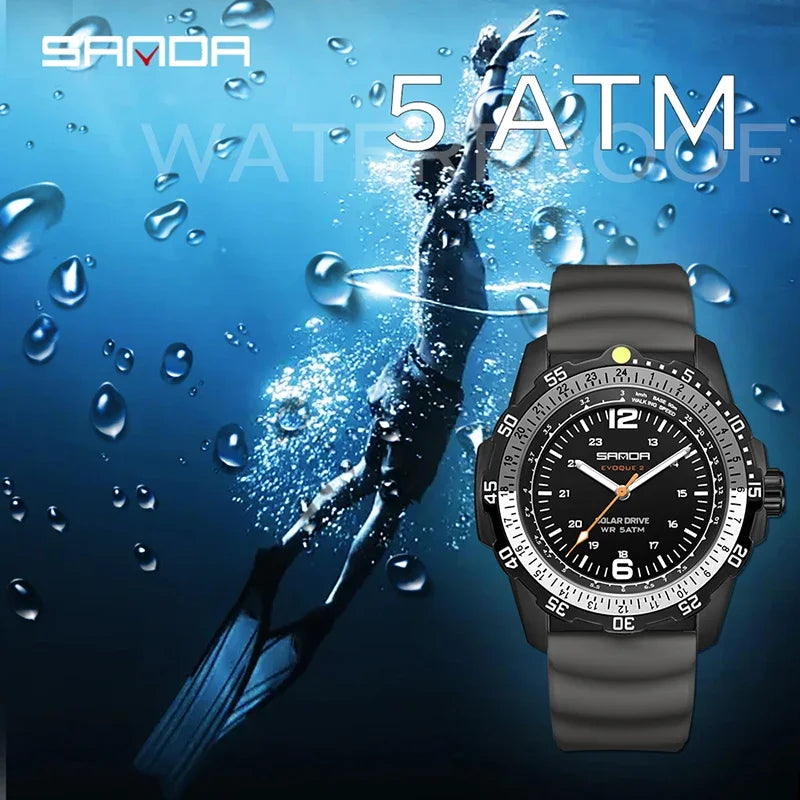 SANDA Luxury Men's Solar-powered Watch Creative Quartz Dial Luminous Hands Waterproof Sport Student Wristwatch Innovative Design