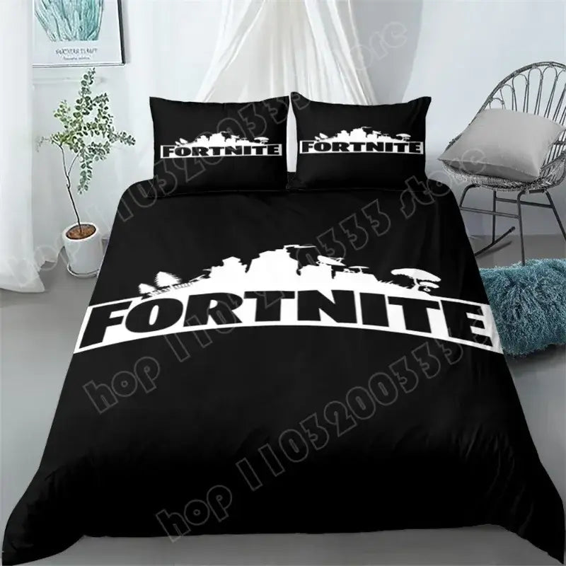 Set de lenjerie de pat Fortnite, 3 piese, imprimare 3D, lenjerii pentru dormitor, joc, desen animat, lenjerie decorativă, husă de pilotă, față de pernă, cadou de ziua de naștere