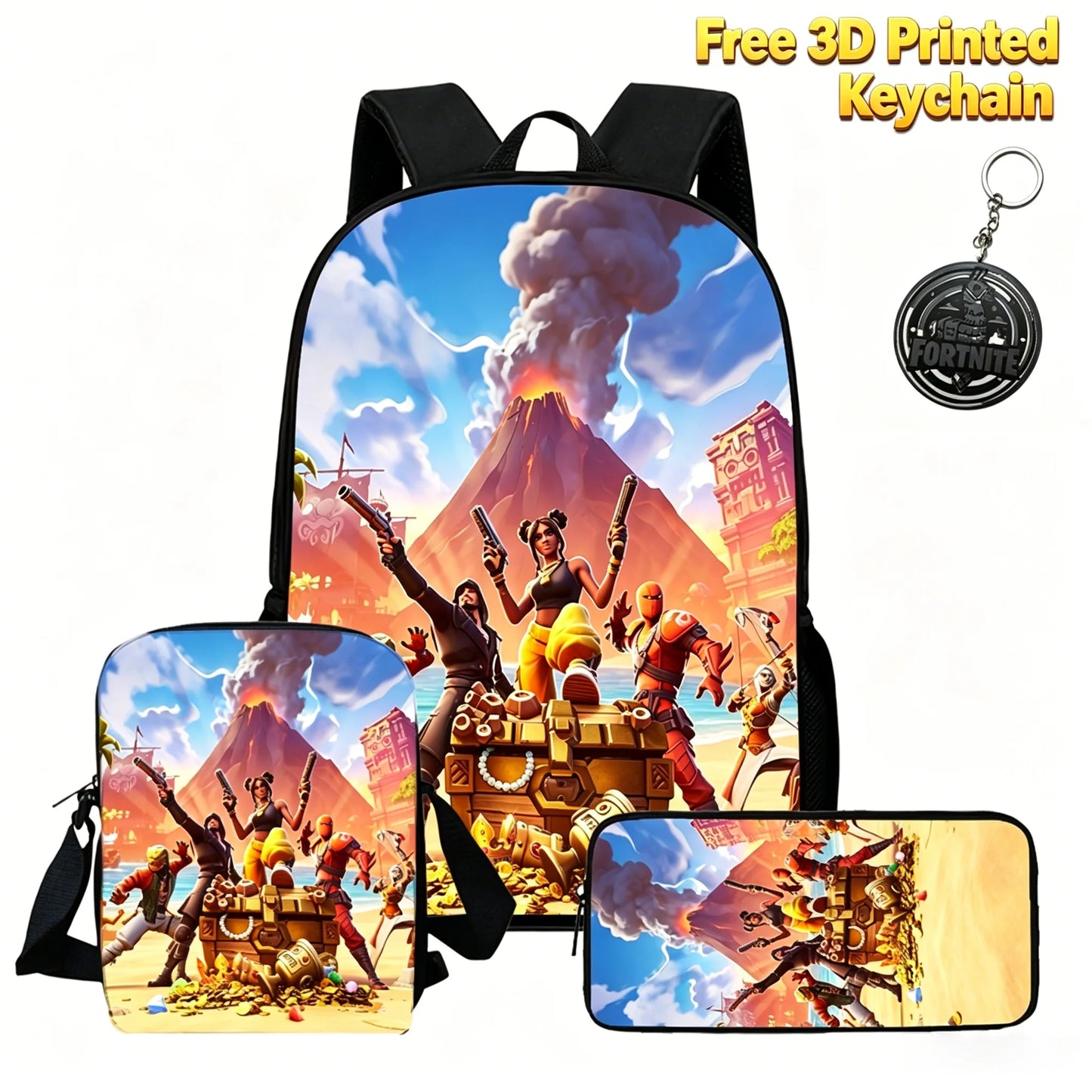 Conjunto de mochila infantil 3 peças, mala a tiracolo e estojo, mala FORTNITE com desenhos, leve para meninos e meninas dos 5 aos 10 anos, porta-chaves 3D impresso grátis