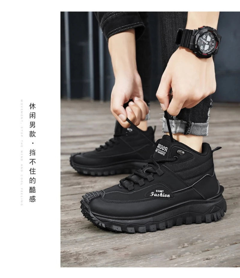 Men'S Black And White Mid Top Hiking Boots Waterproof Leather Platform Sneakers Non Slip Outdoor Casual Shoes With Rugged Sole