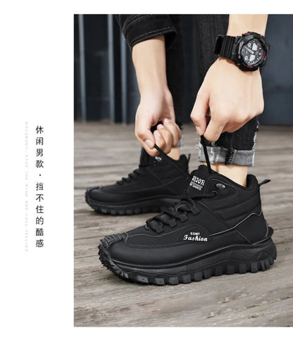Men'S Black And White Mid Top Hiking Boots Waterproof Leather Platform Sneakers Non Slip Outdoor Casual Shoes With Rugged Sole
