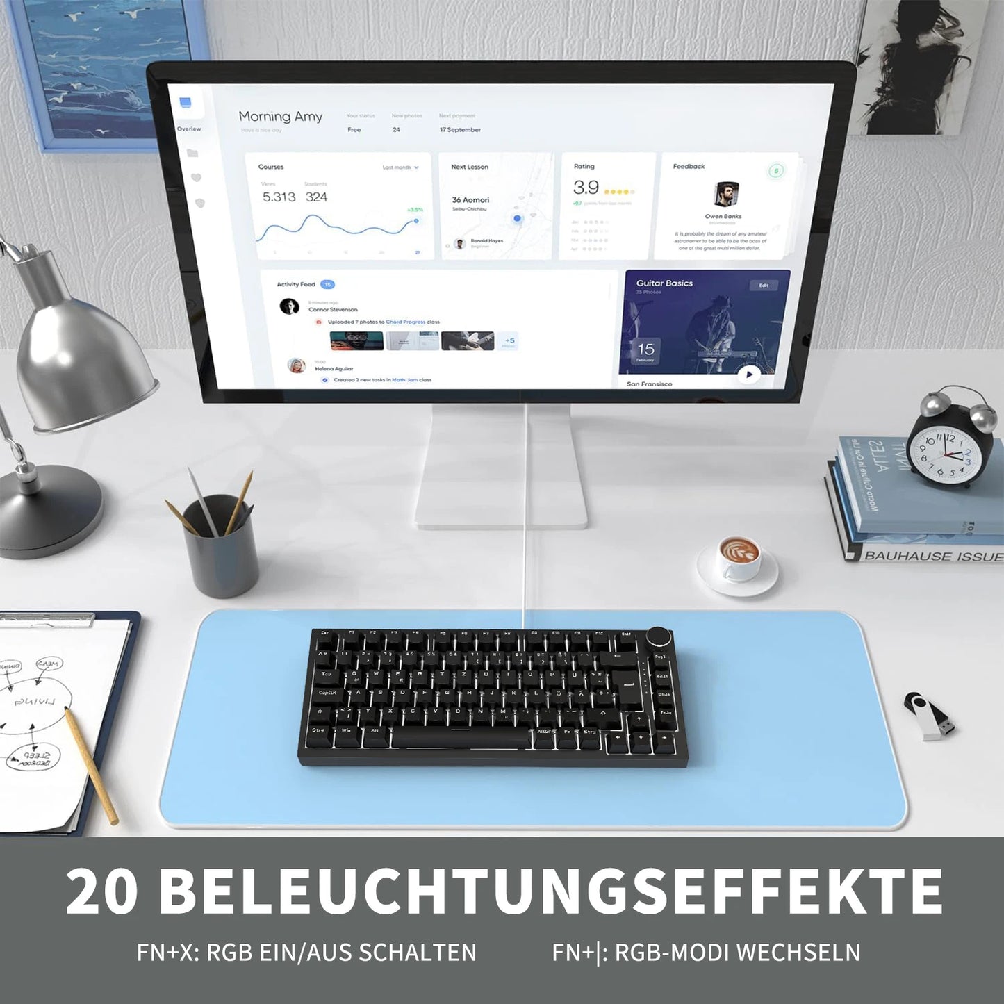 German Version Ajazz Ak820 Gaming Mechanical Keyboard, German Keyboard, ISO-DE Layout Qwertz Hot-Swappable Volume Knob, Holiday Gift