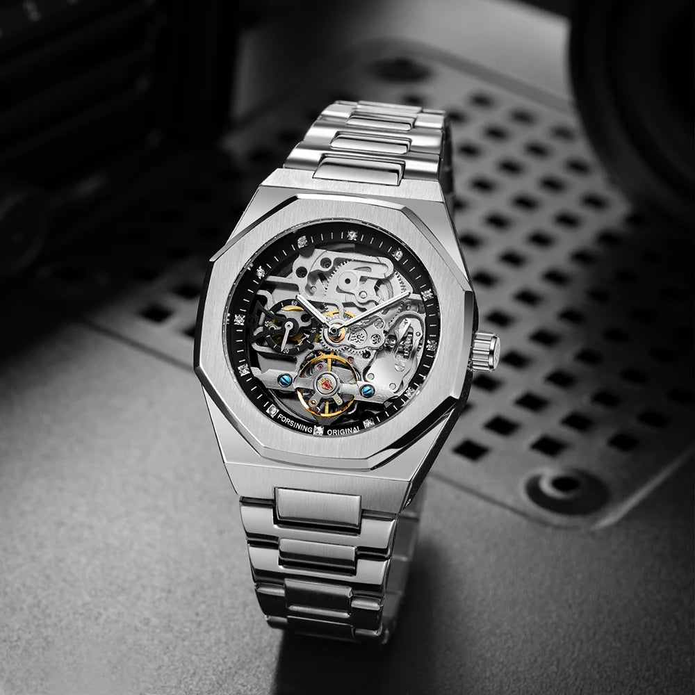 Forsining Tourbillon Skeleton Mechanical Watch for Men Luminous Hands Stainless Steel Strap Fashion Business Automatic Watches