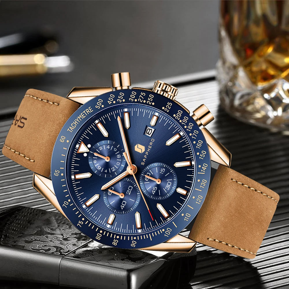 SAPPHERO Men Chronograph Watch High Precision Quartz Movement Blue Dial Date Display 50M Waterproof Luxury Sport Wristwatch Gift