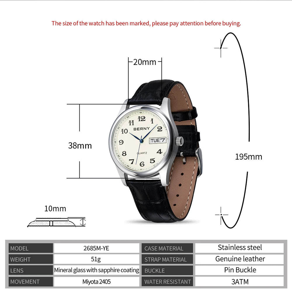 BERNY Quartz Watch for Men Miyota 2405 Business Male Wristwatch Day Top Calendar Genuine Leather Classic Men Watches Waterproof