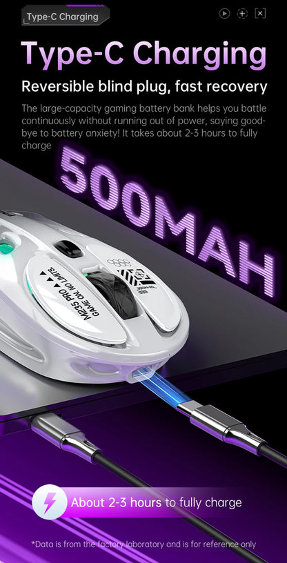 Rato Gaming Sem Fios 2.4G Trimodo RGB, Design Oco Leve com Iluminação Chroma, Com Fios/Bluetooth, Rato E-Sports Controlador