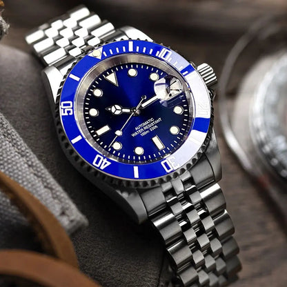 Relógio de Homem Automático Miyota8215 Impermeável 200m, Relógio de Mergulho 40mm com Movimento Mecânico, Luminoso, Bracelete Jubilee e Fecho Glide Lock