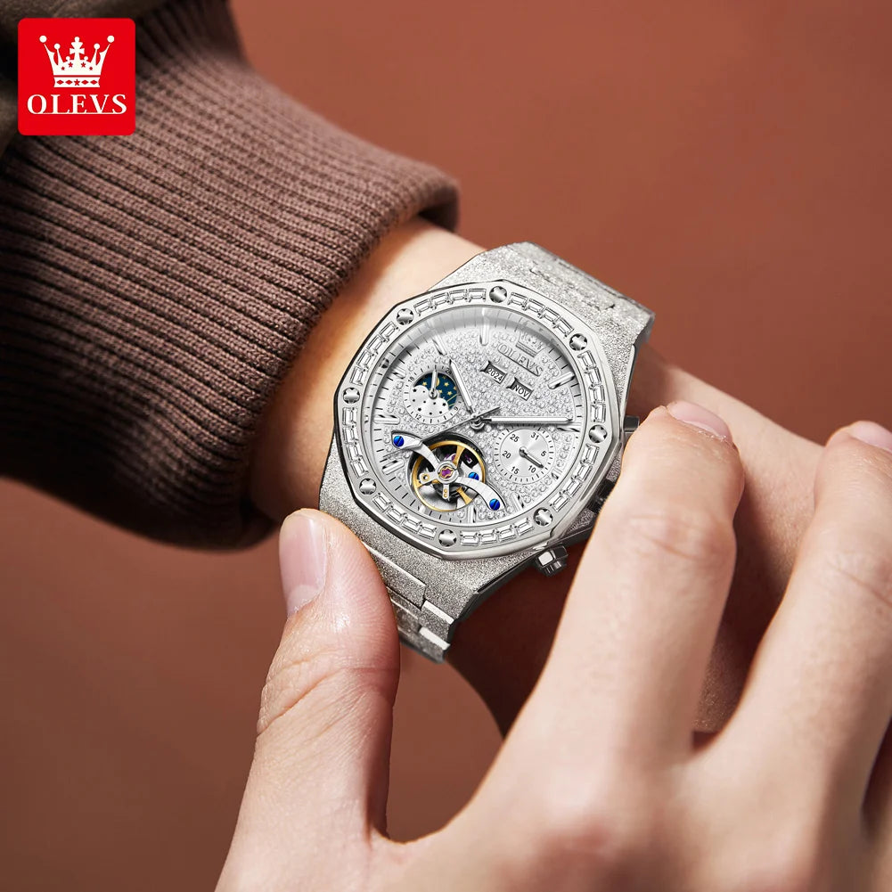 OLEVS 9805 Skeleton Automatic Man Watch Luxury Fashion Matte Texture Full Diamond Moon Phase Waterproof Mechanical Wristwatches