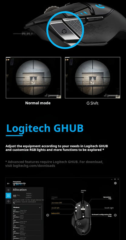 Rato Gaming com Fios Logitech G502 HERO de Alto Desempenho, Sensor HERO 25K, 25,600 DPI, RGB, Pesos Ajustáveis, 11 Botões, Rato para PC/Mac